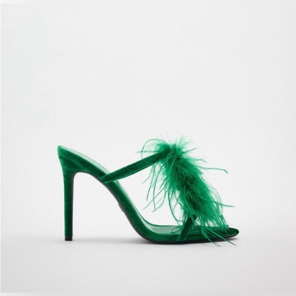 Zara velvet  Green Feathered Women's Heels NWOT - Picture 4 of 6